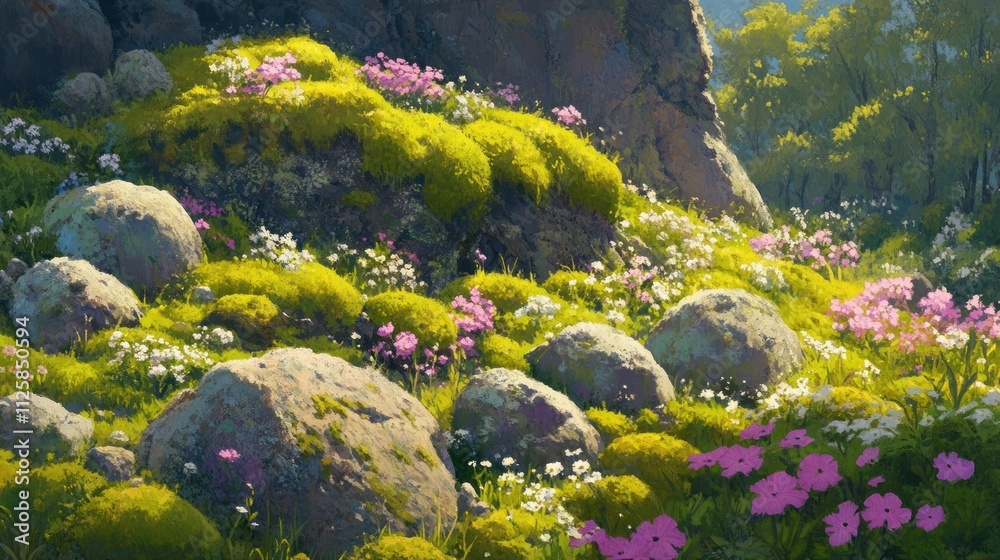 Sunlit Meadow Landscape: A Serene Springtime Scene Sunlit Meadow Landscape: A Serene Springtime Scene