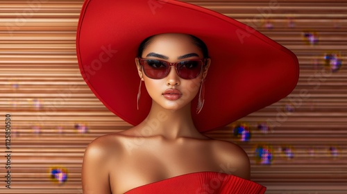 A fashion-forward look featuring a red dress in vibrant tones, complemented by a stylish hat and elegant sunglasses, photographed under flattering natural light to highlight exquisite fabric  photo