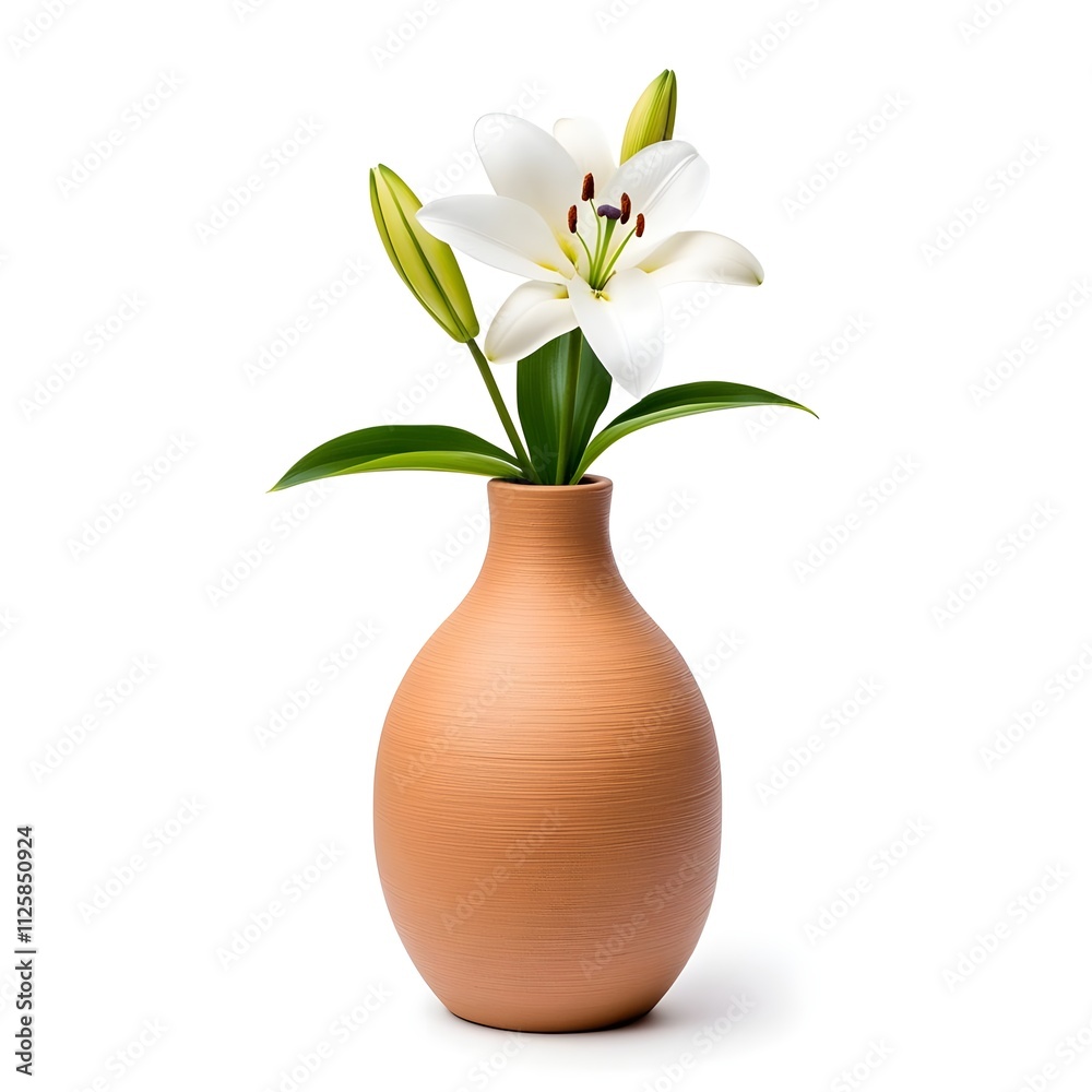 Elegant White Lily in Smooth Terracotta Vase with Fresh Green Leaves Perfect for Interior Decor, Home, and Floral Arrangement Settings to Enhance Natural Beauty