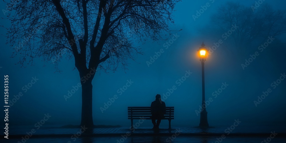 Fototapeta premium A solitary figure on a park bench at night, enveloped in fog and shadows, evoking themes of loneliness and introspection, perfect for mental health awareness campaigns or artistic projects.