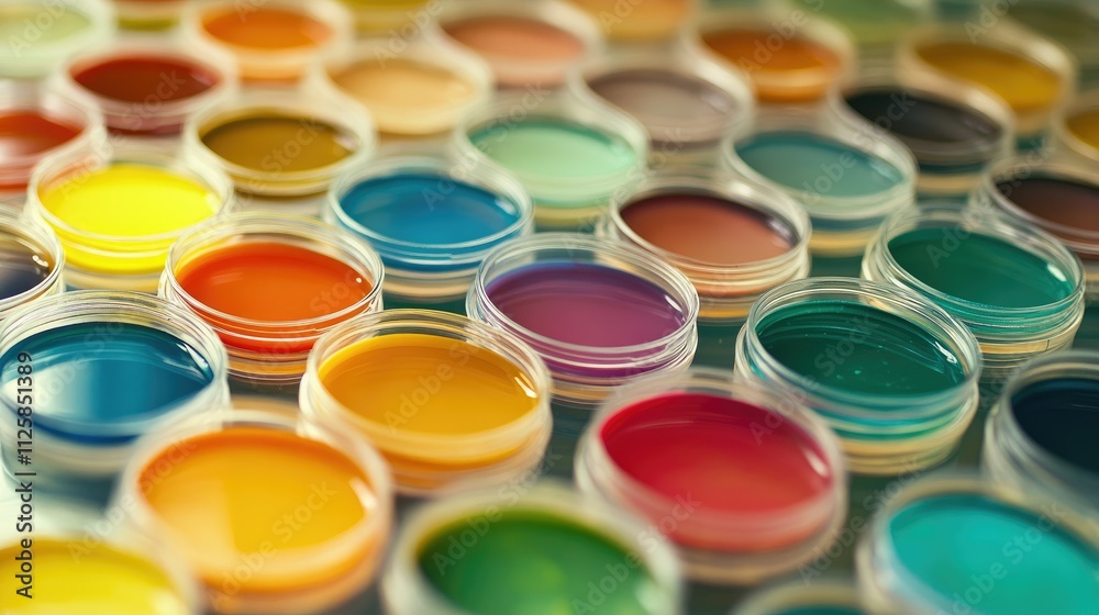 Close-up of rows of colorful petri dishes in a lab, each containing a different vibrant culture or solution. Close-up of rows of colorful petri dishes in a lab, each containing a different vibrant culture or solution.