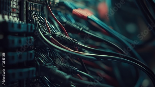 Close-up of cables and wires neatly arranged in a computer wiring room, emphasizing precision and organization. photo