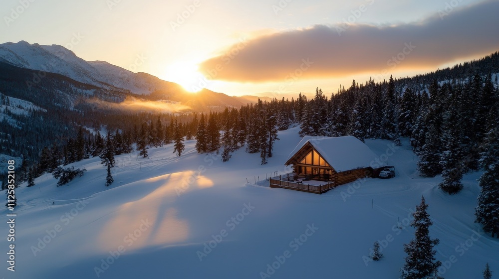 A pristine snowy landscape with a wooden cabin surrounded by pine trees and a glowing sunrise A pristine snowy landscape with a wooden cabin surrounded by pine trees and a glowing sunrise