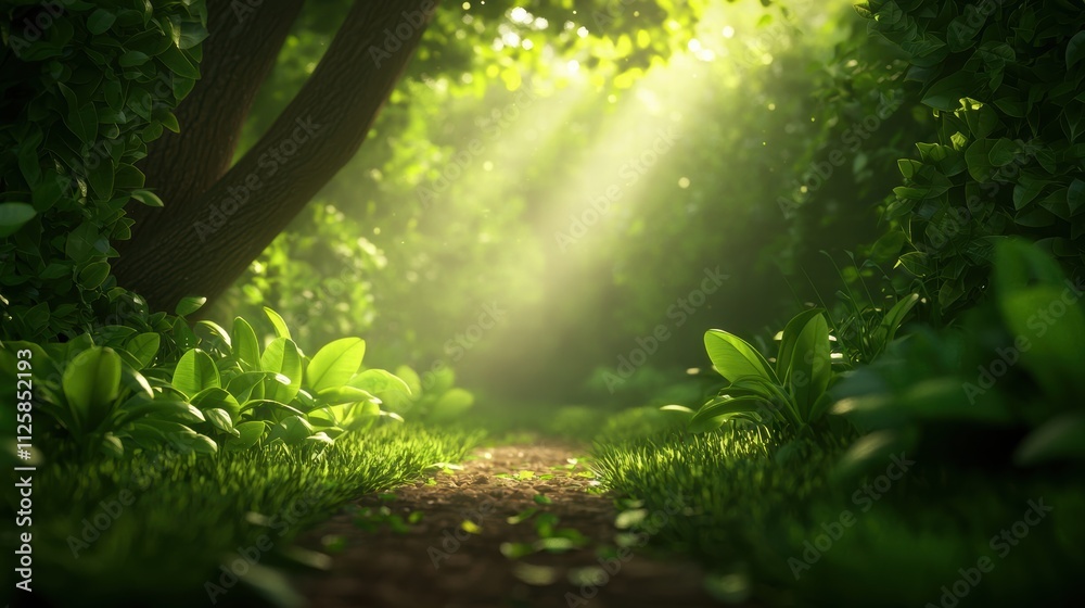 Sunlit path through a lush green forest Sunlit path through a lush green forest