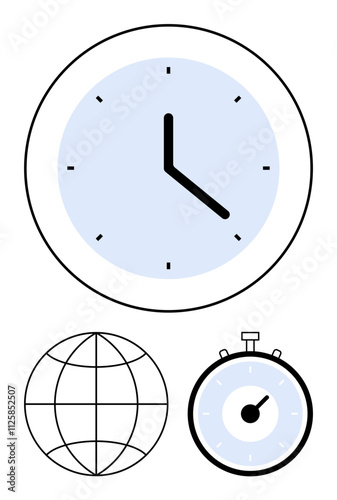 Clock globe stopwatch. Ideal for themes of time management, global connectivity, speed, punctuality, planning, efficiency, productivity Line metaphor
