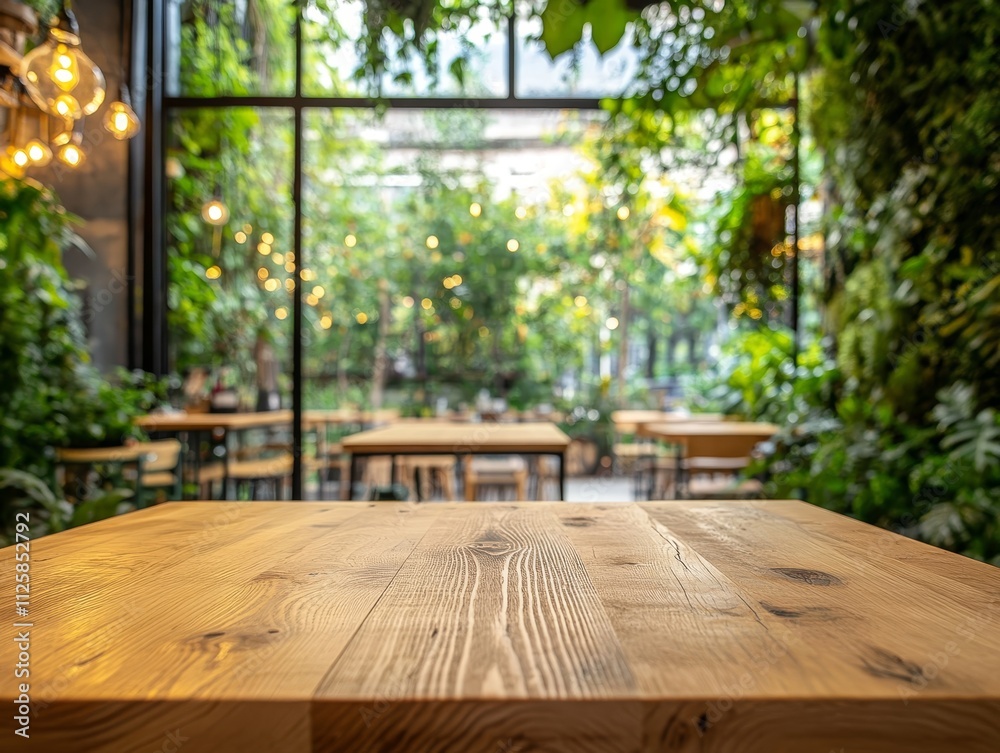 Empty wooden table in a lush green garden cafe. Empty wooden table in a lush green garden cafe.