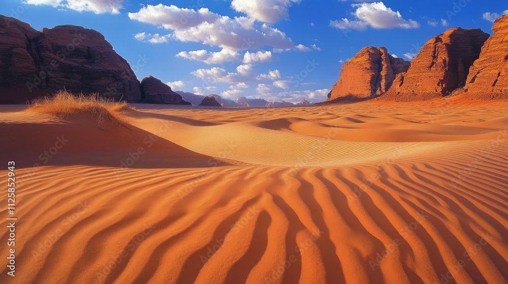 Naklejka premium Majestic white sand dunes create smooth, flowing patterns under a bright blue sky, evoking the beauty of the desert.