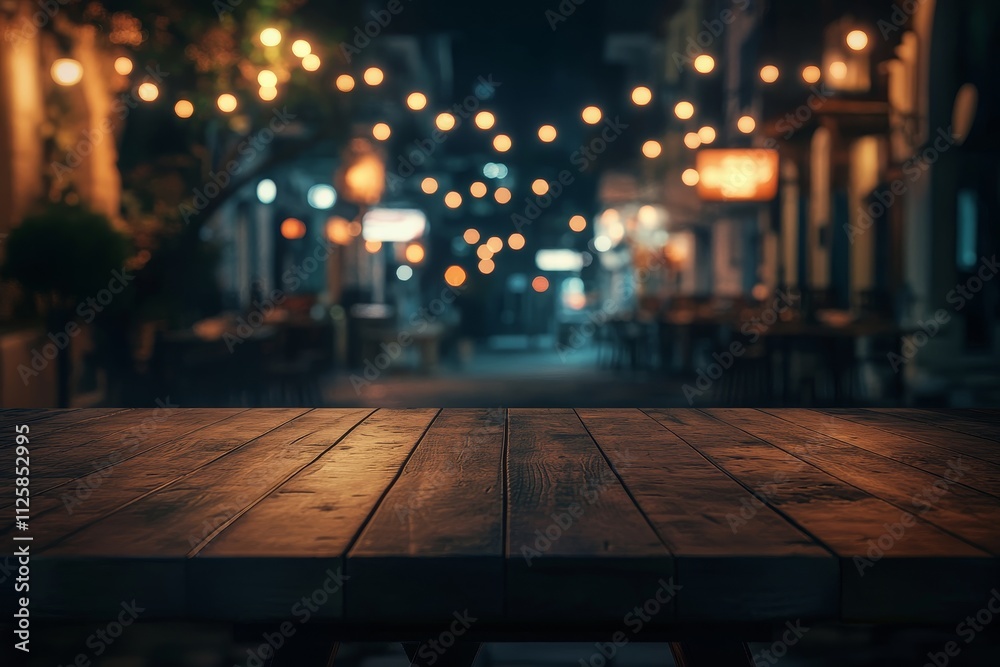 Empty wooden table at night with blurred city street lights background. Empty wooden table at night with blurred city street lights background.