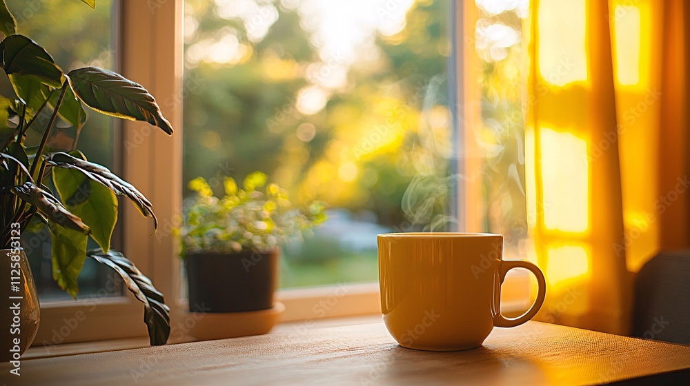 A warm and inviting living room setting with coffee and acoustic melodies playing softly Stock Photo with side copy space A warm and inviting living room setting with coffee and acoustic melodies playing softly Stock Photo with side copy space