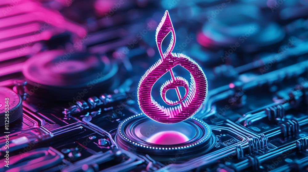 Fototapeta premium Dynamic music note visualization on circuit board technology concept neon environment close-up view for digital art
