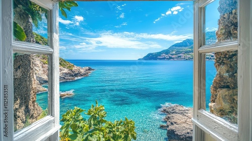 Scenic Mediterranean view from an open window, overlooking crystal-clear water and a vibrant coastline under the warm sun