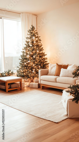 Cozy living room decorated for Christmas with beautiful tree and gifts