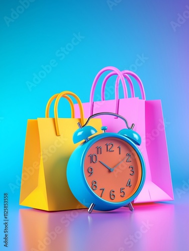 Shopping bags with alarm clock colorful display product photography studio setting creative concept for timeliness