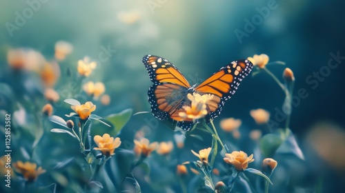 Close up of a Monarch butterfly landing on a yellow flower surrounded by other yellow flowers.