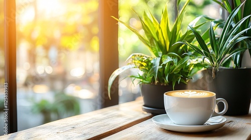 A family cafe filled with the aroma of coffee and mellow background music Stock Photo with side copy space photo