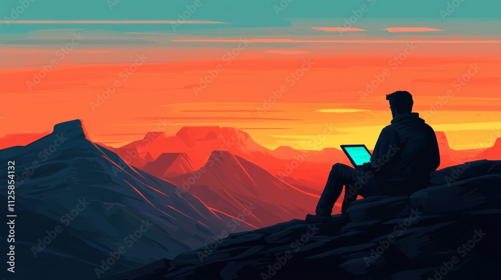 Exploring nature's beauty digital nomad at sunset in the mountains scenic landscape creative inspiration Exploring nature's beauty digital nomad at sunset in the mountains scenic landscape creative inspiration