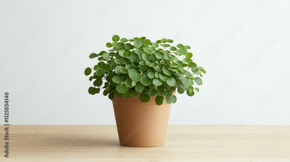 Small Green Potted Plant on Light Wood Surface in Bright Minimalist Interior Setting Small Green Potted Plant on Light Wood Surface in Bright Minimalist Interior Setting