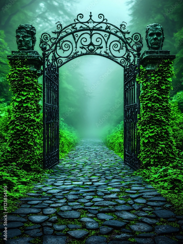 Obraz premium Mysterious iron gate leading to foggy pathway enchanted forest landscape photography serene atmosphere eye-level view fantasy concept