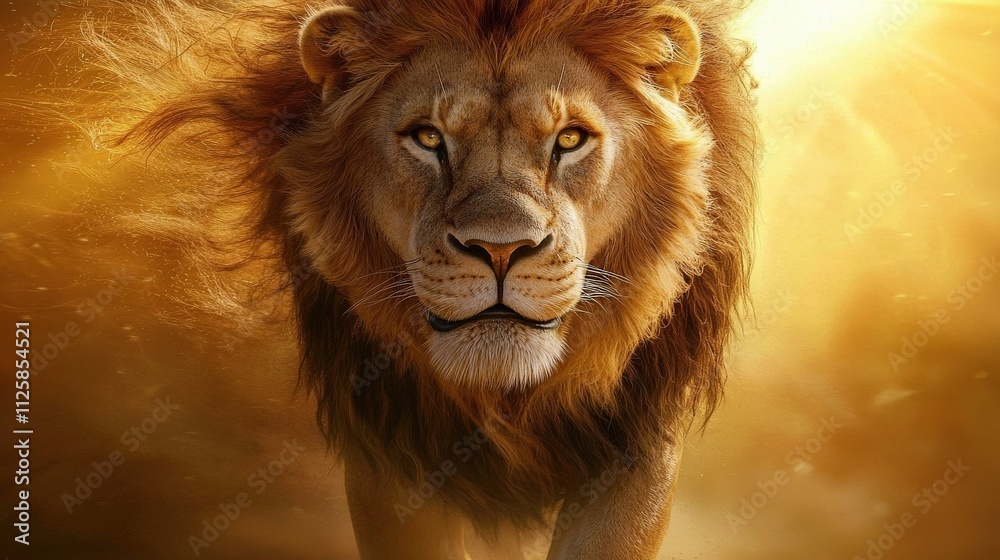 Fototapeta premium A powerful lion staring fiercely at the camera, its mane blowing in the wind against a golden savannah backdrop