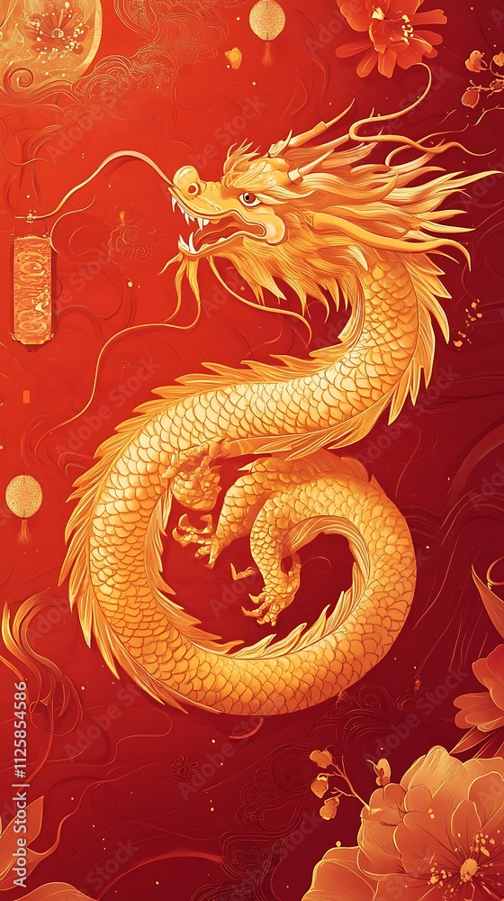 Golden dragon coiled on red background with flowers and lanterns. Golden dragon coiled on red background with flowers and lanterns.