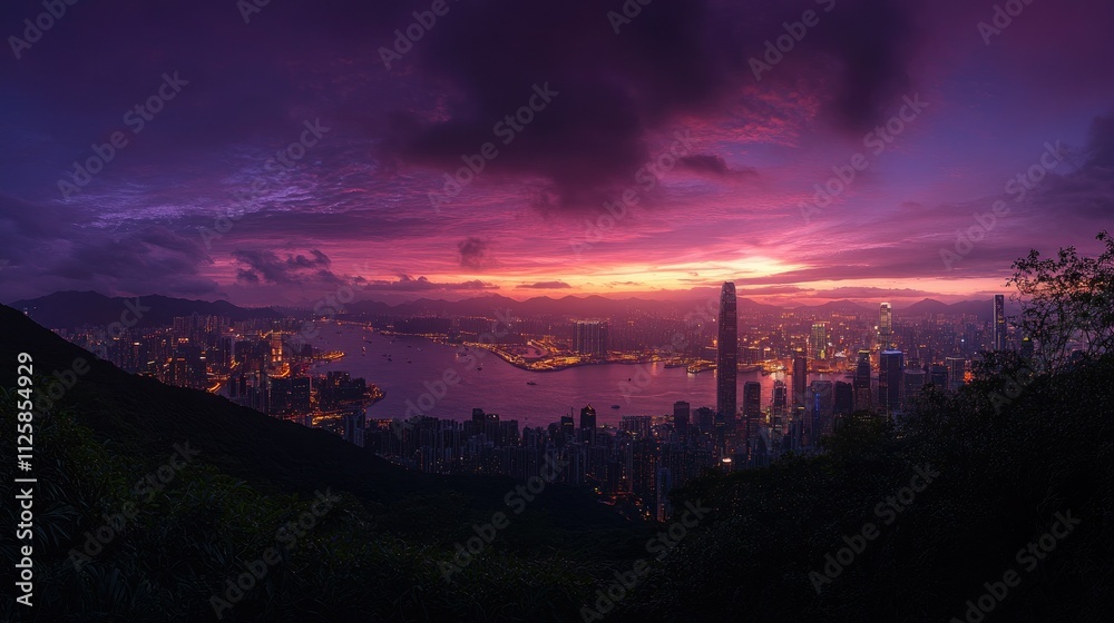 Fototapeta premium The vibrant skyline of Hong Kong lit up at twilight, viewed from The Peak, with a calm harbor below.