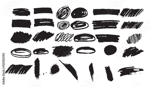collection of bold black brushstrokes, scribbles, and abstract shapes, showcasing artistic textures, dynamic forms, and creative expression. Perfect for design projects