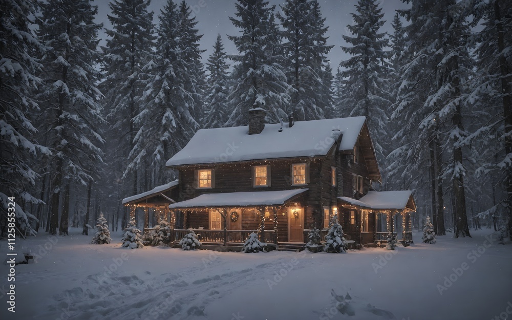 Snow-Covered Mountain Village with Warm Lights: A Romantic Winter Scene Snow-Covered Mountain Village with Warm Lights: A Romantic Winter Scene