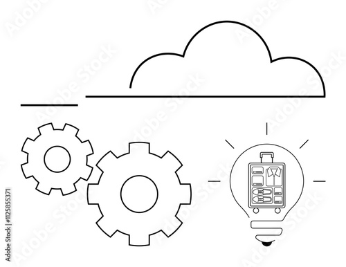 Cloud outline, two gears, and a lightbulb with electronic circuitry inside representing technological innovation and data storage solutions. Ideal for IT, digital transformation, cloud computing