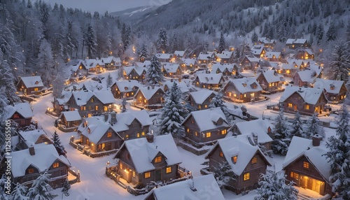  Snow-Covered Mountain Village with Warm Lights: A Romantic Winter Scene