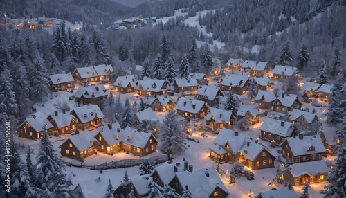  Snow-Covered Mountain Village with Warm Lights: A Romantic Winter Scene