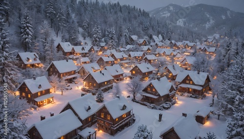  Snow-Covered Mountain Village with Warm Lights: A Romantic Winter Scene