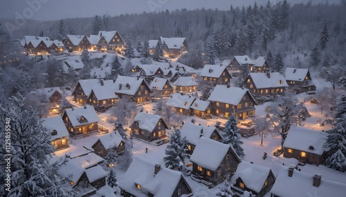  Snow-Covered Mountain Village with Warm Lights: A Romantic Winter Scene