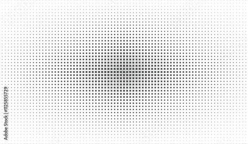 Abstract halftone background with a gradient pattern of small black dots expanding outward symmetrically, creating a modern and dynamic visual effect