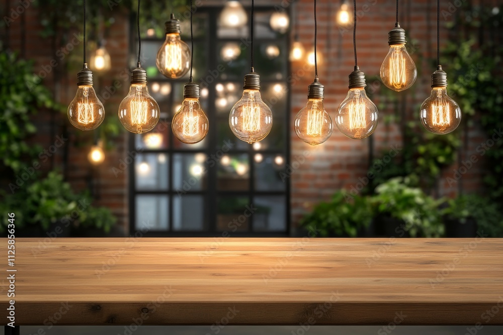 Wooden table with hanging Edison bulbs in a rustic setting. Wooden table with hanging Edison bulbs in a rustic setting.