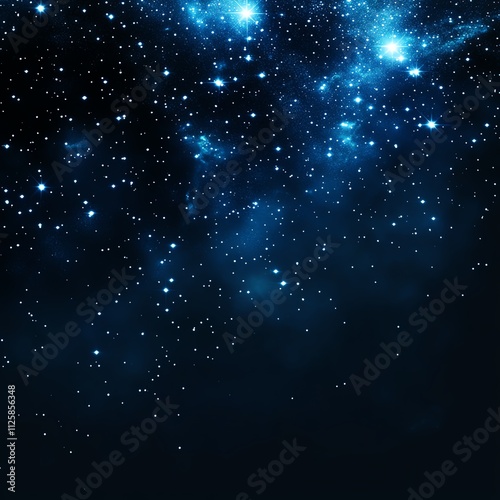 Starry night sky with bright stars and cosmic dust particles, dark background.