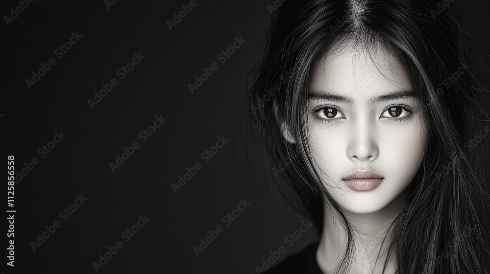 Close-up cinematic portrait of an Asian teenage girl, her expressive eyes highlighted, studio lighting, black and white format, Close-up cinematic portrait of an Asian teenage girl, her expressive eyes highlighted, studio lighting, black and white format,