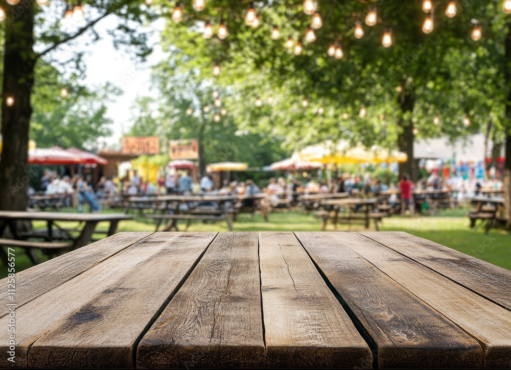 Empty wooden picnic table in a vibrant outdoor festival setting. Empty wooden picnic table in a vibrant outdoor festival setting.
