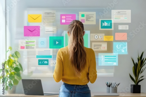 A business owner managing their online marketing campaigns from a home office, surrounded by digital tools like email templates, social media scheduling apps, and data analytics