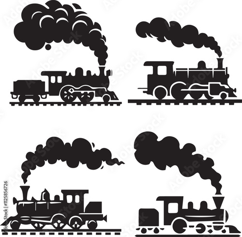 Vintage Steam Train Silhouettes Collection - Adobe Stock Vector Illustration