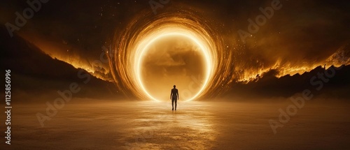 Fototapeta Naklejka Na Ścianę i Meble -  A cinematic shot of a lone figure walking through an otherworldly portal of swirling lights and stars