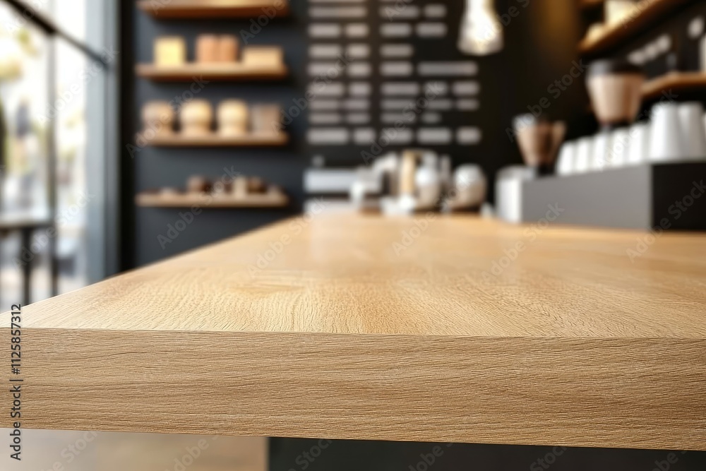 Empty light wood counter top in modern cafe.