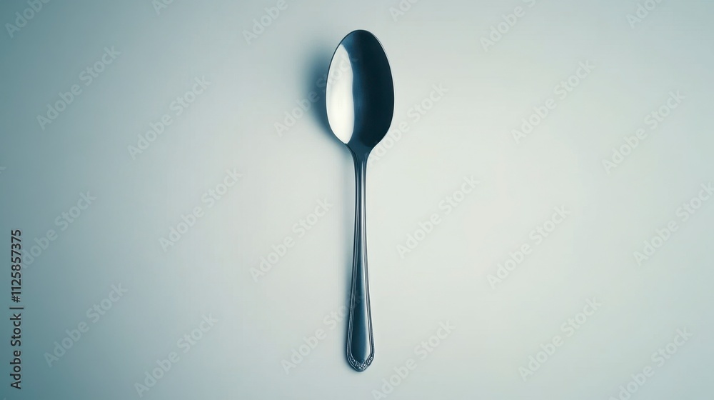 Single Polished Silver Spoon on Light Gray Background - Minimalist Tableware Still Life Single Polished Silver Spoon on Light Gray Background - Minimalist Tableware Still Life