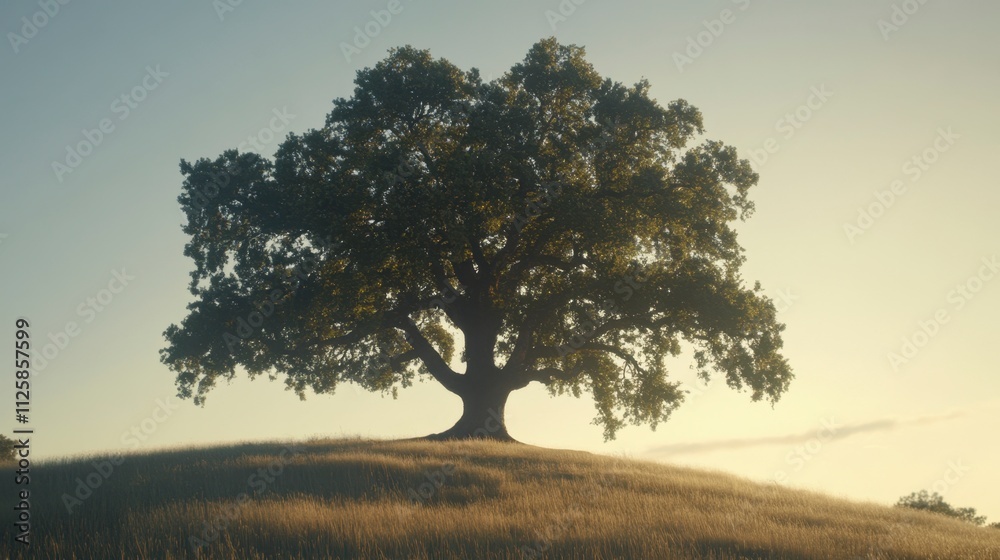 Obraz premium Majestic Oak Tree on Hilltop at Sunset