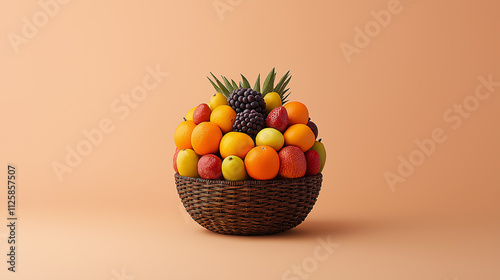 vibrant basket filled with assorted tropical fruits, including oranges, apples, and pineapples, creates colorful and inviting display. Perfect for summer gatherings!