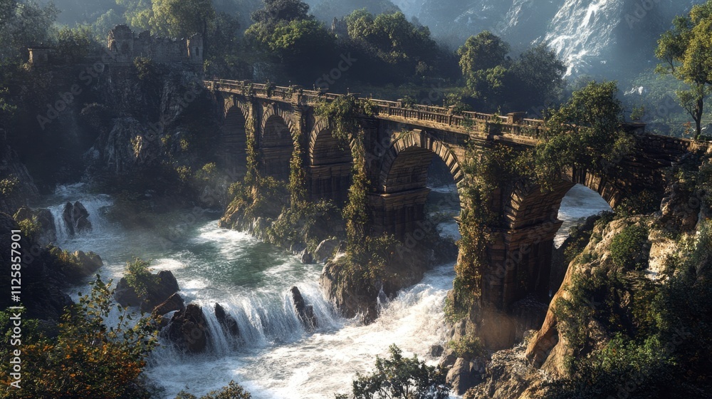 Ancient Stone Bridge Over Rushing Waterfall in Lush Forest Ancient Stone Bridge Over Rushing Waterfall in Lush Forest