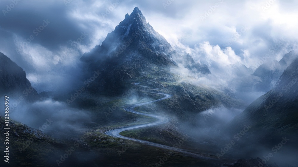 Winding Mountain Road Through Misty Peaks Winding Mountain Road Through Misty Peaks