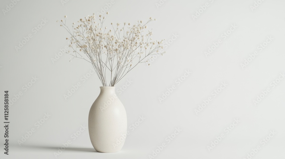 Dried Flowers in Minimalist White Vase, Light Background, Copy Space