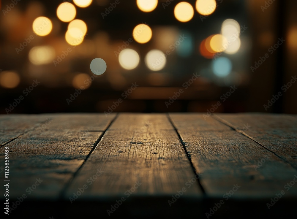 Dark wooden table in front of blurred warm lights. Dark wooden table in front of blurred warm lights.