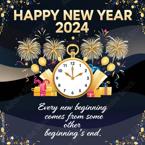 celebratory New Year illustration featuring a glowing clock striking midnight Ai generated