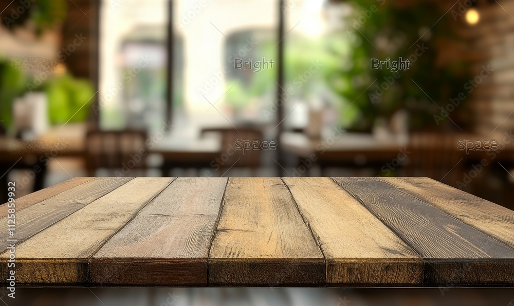 Empty wooden table in blurred cafe background. (8) Empty wooden table in blurred cafe background. (8)